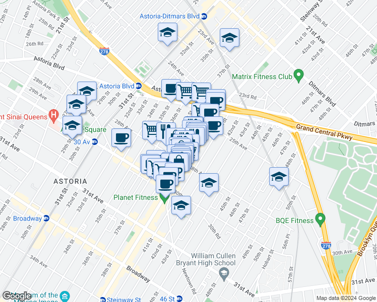 map of restaurants, bars, coffee shops, grocery stores, and more near 25-72 Steinway Street in Queens
