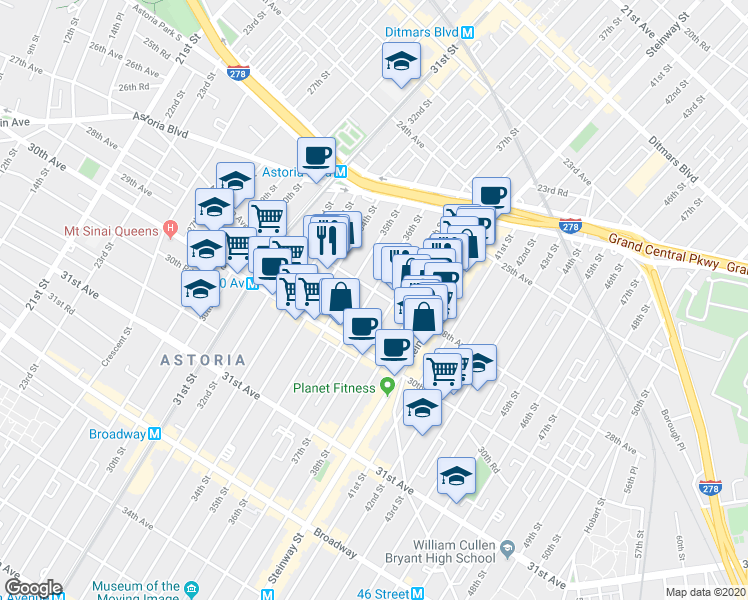 map of restaurants, bars, coffee shops, grocery stores, and more near 25-81 36th Street in Queens