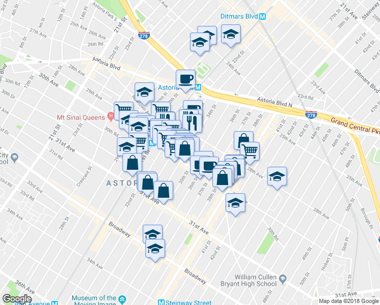 map of restaurants, bars, coffee shops, grocery stores, and more near 28-19 33rd Street in Queens