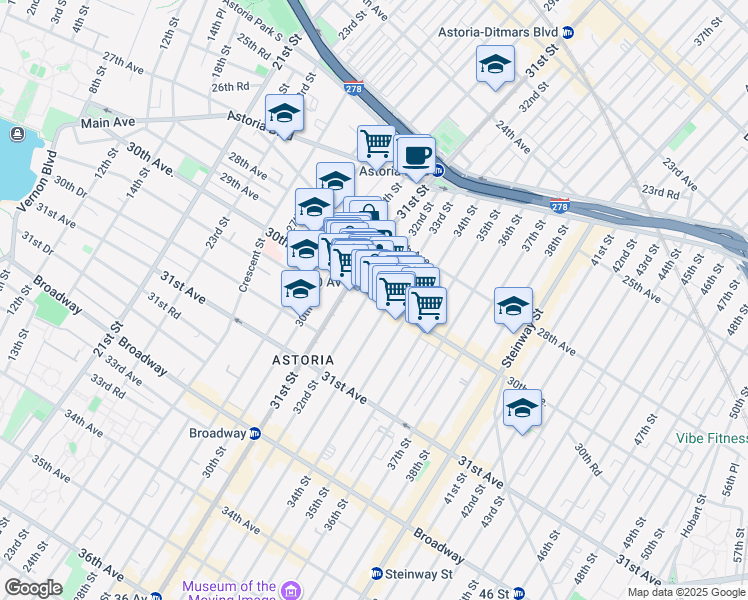 map of restaurants, bars, coffee shops, grocery stores, and more near 31-23 Newtown Avenue in Queens