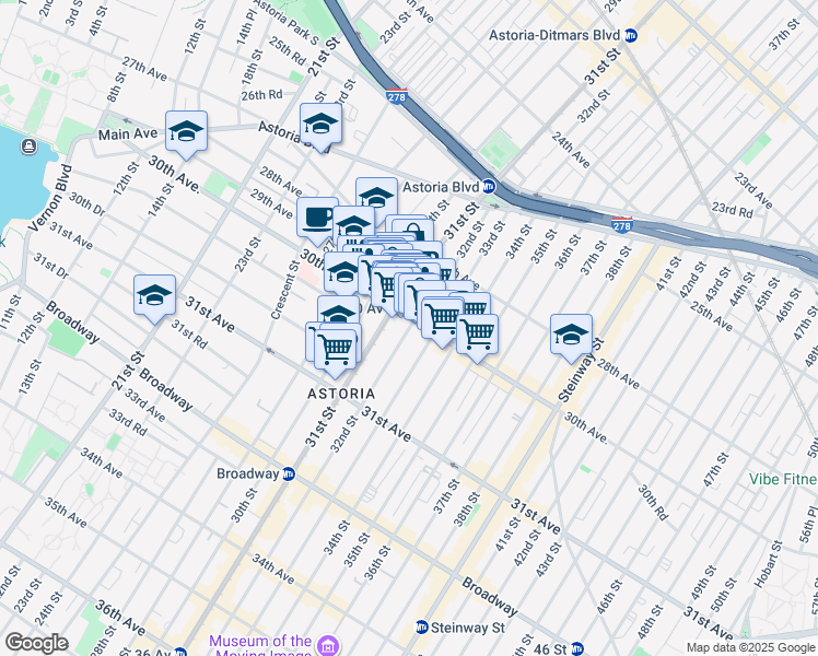 map of restaurants, bars, coffee shops, grocery stores, and more near 3105 30th Avenue in Queens