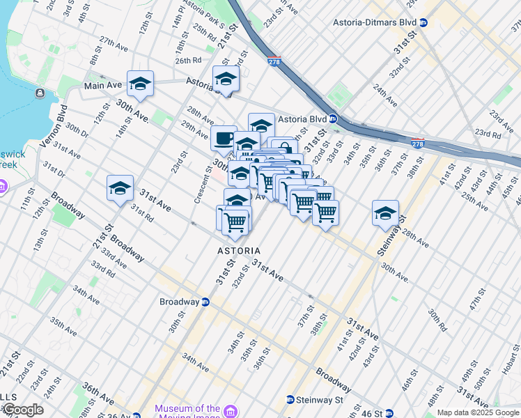 map of restaurants, bars, coffee shops, grocery stores, and more near 3105 30th Avenue in Queens