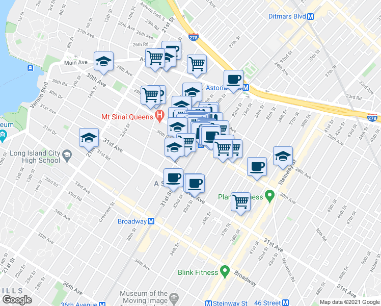 map of restaurants, bars, coffee shops, grocery stores, and more near 3105 30th Avenue in Queens