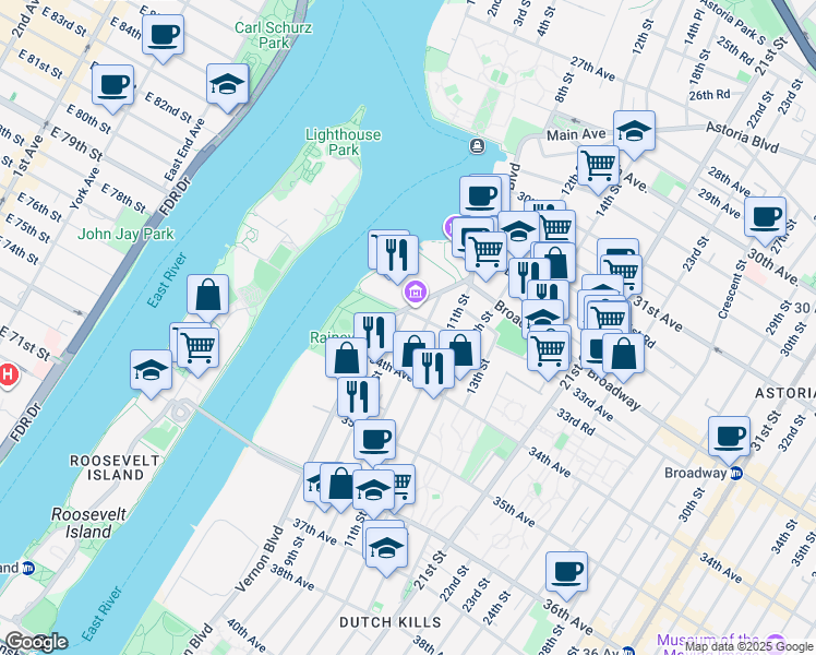 map of restaurants, bars, coffee shops, grocery stores, and more near 9-19 33rd Road in Queens