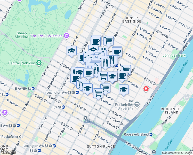 map of restaurants, bars, coffee shops, grocery stores, and more near 1175 3rd Avenue in New York