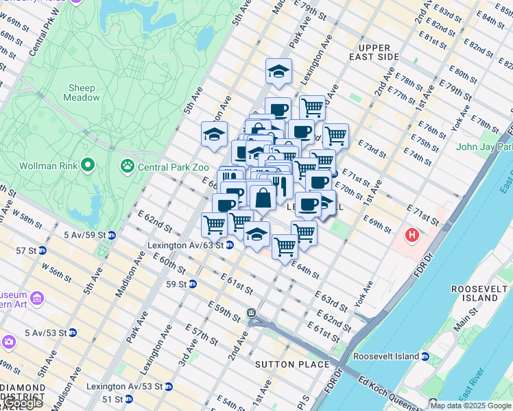 map of restaurants, bars, coffee shops, grocery stores, and more near 157 East 67th Street in New York