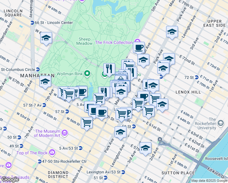 map of restaurants, bars, coffee shops, grocery stores, and more near 820 5th Avenue in New York