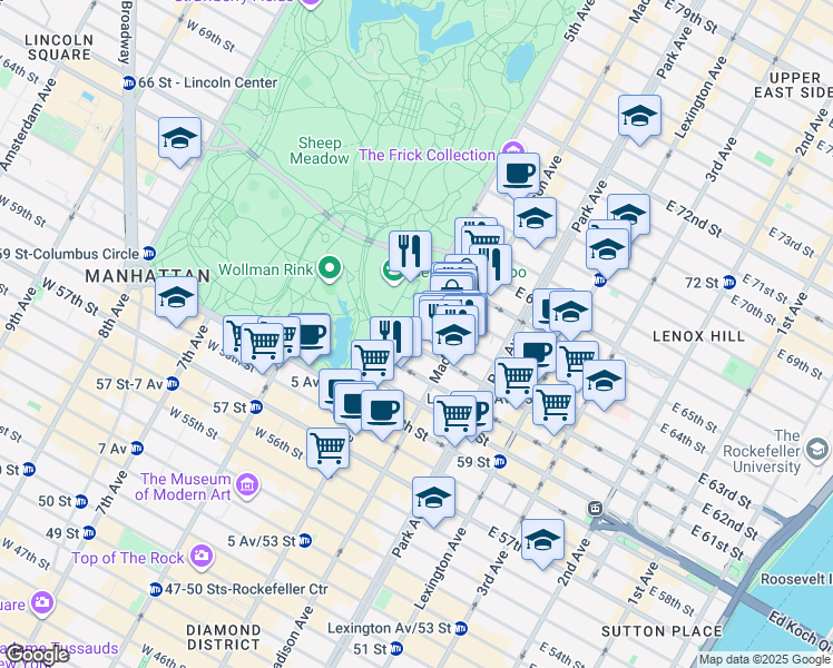 map of restaurants, bars, coffee shops, grocery stores, and more near 820 5th Avenue in New York