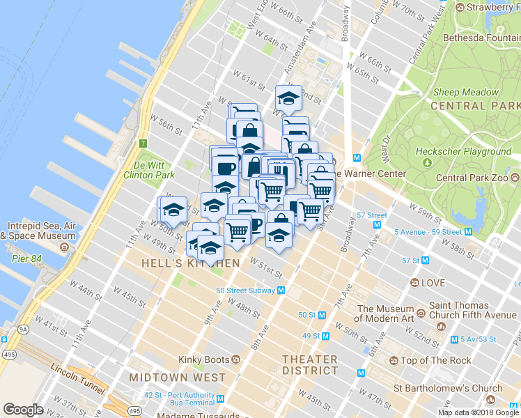 map of restaurants, bars, coffee shops, grocery stores, and more near 411 West 55th Street in New York