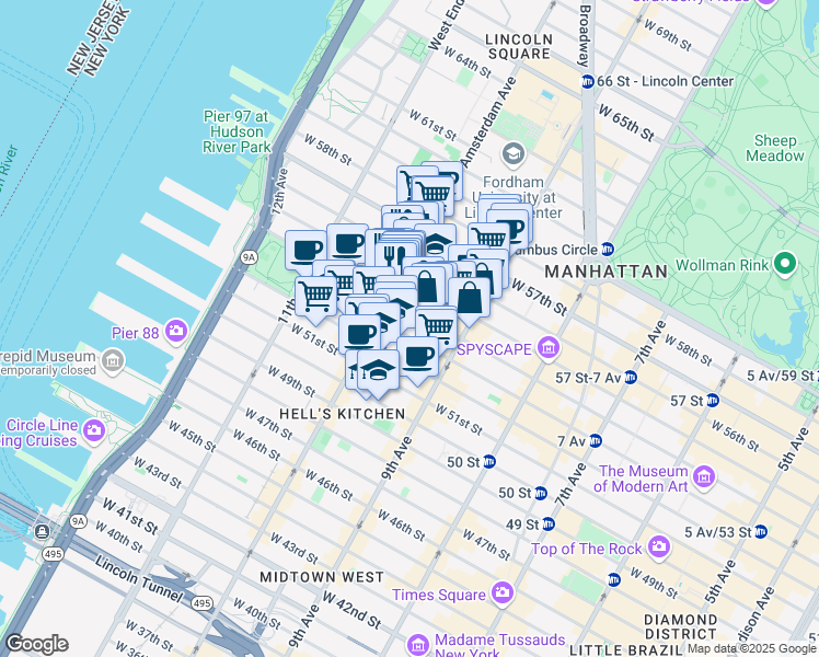 map of restaurants, bars, coffee shops, grocery stores, and more near 443 West 54th Street in New York