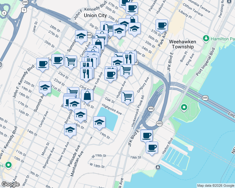 map of restaurants, bars, coffee shops, grocery stores, and more near 208 Dodd Street in Weehawken