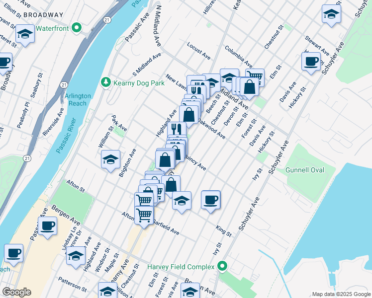 map of restaurants, bars, coffee shops, grocery stores, and more near 34 Beech Street in Kearny