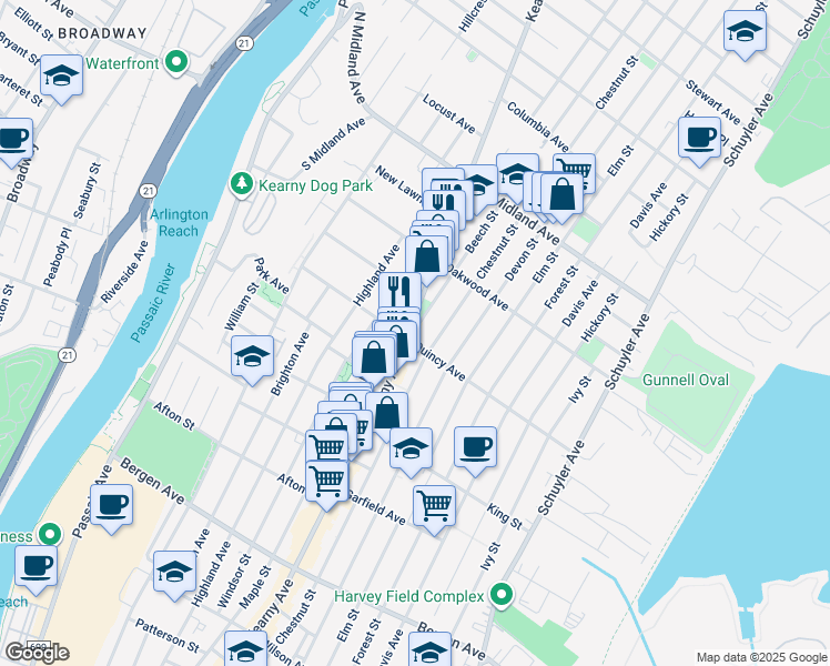 map of restaurants, bars, coffee shops, grocery stores, and more near 34 Beech Street in Kearny