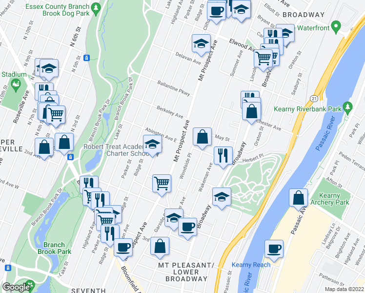 map of restaurants, bars, coffee shops, grocery stores, and more near 444 Mount Prospect Avenue in Newark