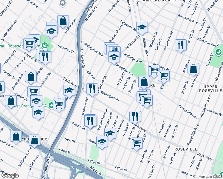 map of restaurants, bars, coffee shops, grocery stores, and more near 206 4th Avenue in East Orange