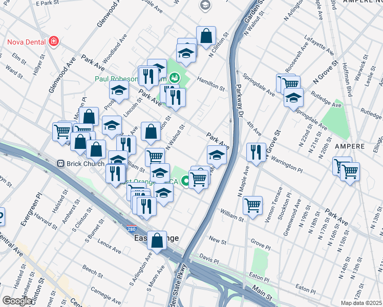 map of restaurants, bars, coffee shops, grocery stores, and more near 14 Summit Street in East Orange