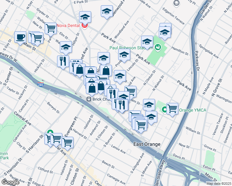 map of restaurants, bars, coffee shops, grocery stores, and more near 508 Main Street in East Orange