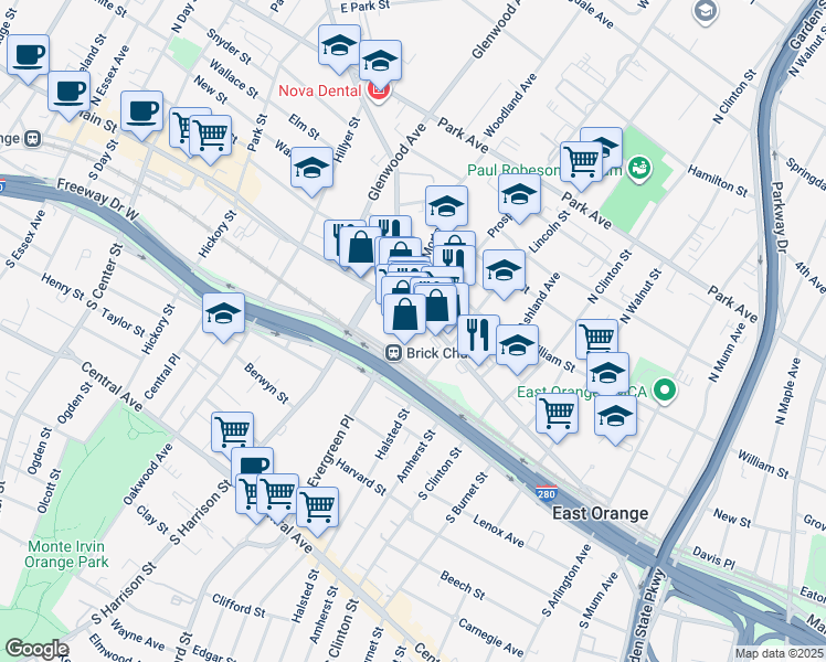 map of restaurants, bars, coffee shops, grocery stores, and more near 539 Doctor Martin Luther King Junior Boulevard in East Orange