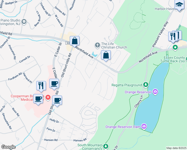 map of restaurants, bars, coffee shops, grocery stores, and more near 760 Northfield Ave in West Orange