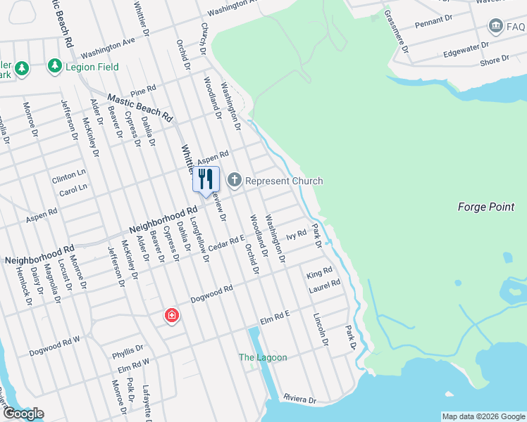 map of restaurants, bars, coffee shops, grocery stores, and more near 19 Grove Road in Mastic Beach