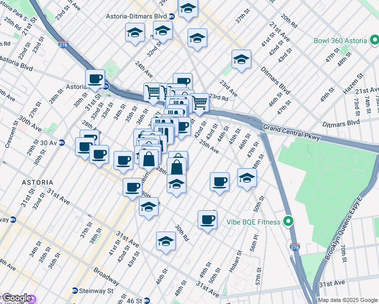 map of restaurants, bars, coffee shops, grocery stores, and more near 25-23 41st Street in Queens