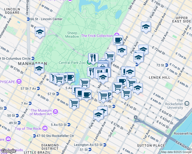 map of restaurants, bars, coffee shops, grocery stores, and more near 2 East 63rd Street in New York