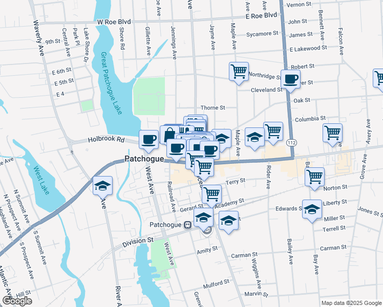map of restaurants, bars, coffee shops, grocery stores, and more near 3 Lake Street in Patchogue
