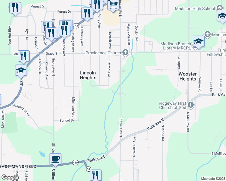 map of restaurants, bars, coffee shops, grocery stores, and more near 336 Detroit Avenue in Mansfield