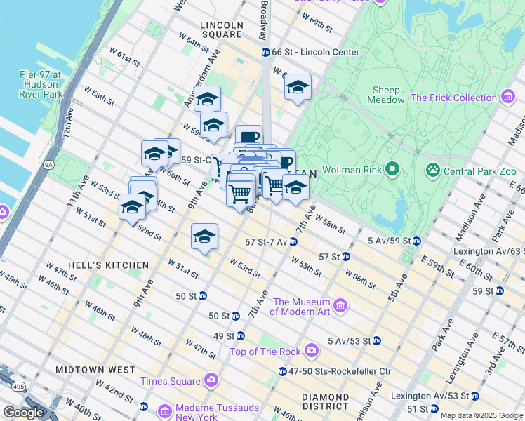 map of restaurants, bars, coffee shops, grocery stores, and more near Columbus Circle in New York