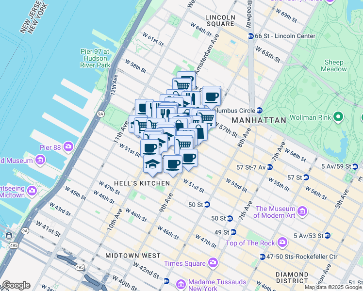 map of restaurants, bars, coffee shops, grocery stores, and more near 420 West 54th Street in New York