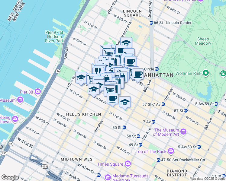 map of restaurants, bars, coffee shops, grocery stores, and more near 411 West 55th Street in New York