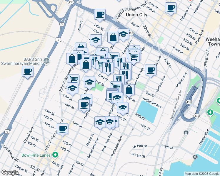 map of restaurants, bars, coffee shops, grocery stores, and more near 619 22nd Street in Union City