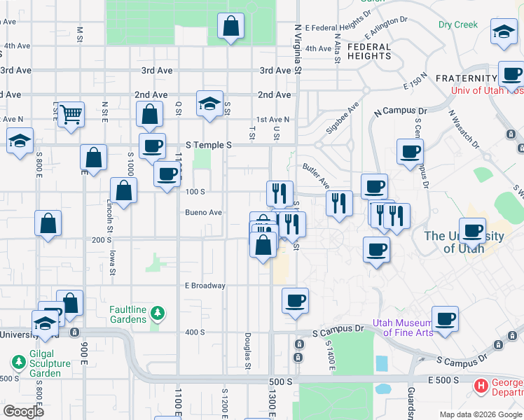 map of restaurants, bars, coffee shops, grocery stores, and more near 130 South 1300 East in Salt Lake City