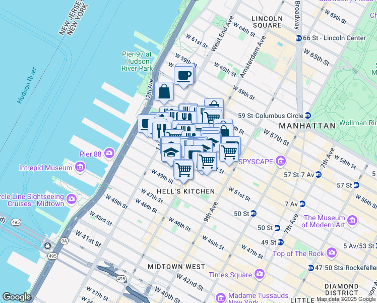 map of restaurants, bars, coffee shops, grocery stores, and more near 515 West 52nd Street in New York