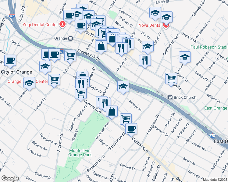map of restaurants, bars, coffee shops, grocery stores, and more near 122 Hickory Street in City of Orange