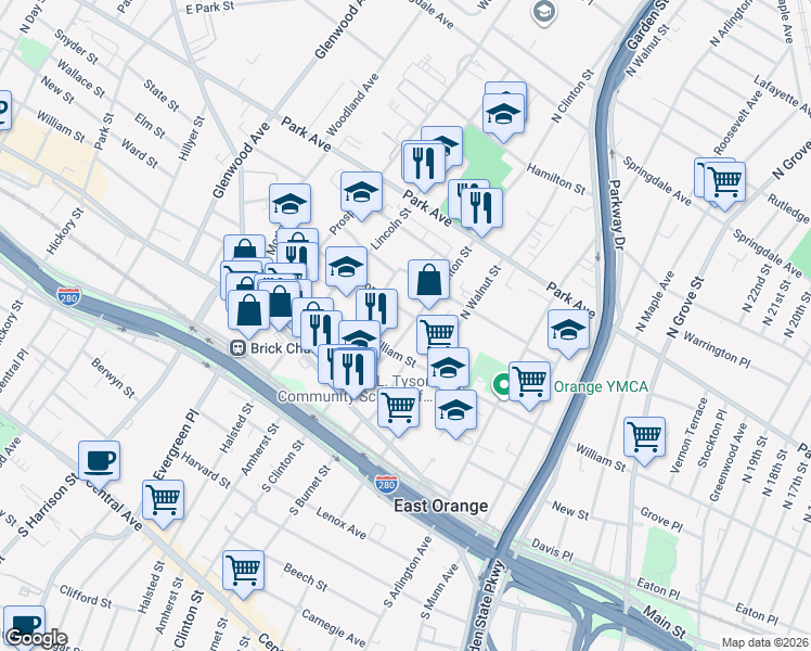 map of restaurants, bars, coffee shops, grocery stores, and more near 14 Carlton Street in East Orange