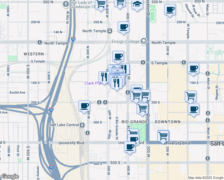 map of restaurants, bars, coffee shops, grocery stores, and more near 135 South 500 West in Salt Lake City