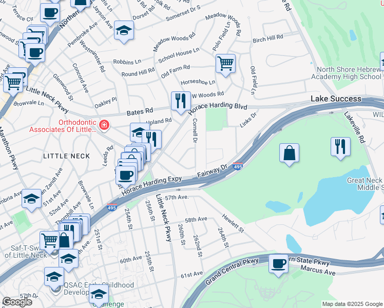 map of restaurants, bars, coffee shops, grocery stores, and more near 20 Cornell Drive in Great Neck