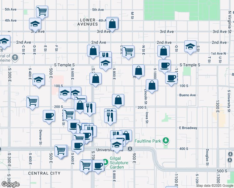 map of restaurants, bars, coffee shops, grocery stores, and more near 127 South 800 East in Salt Lake City