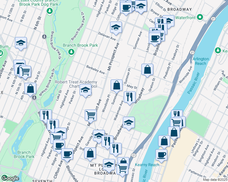 map of restaurants, bars, coffee shops, grocery stores, and more near 55 Arlington Avenue in Newark