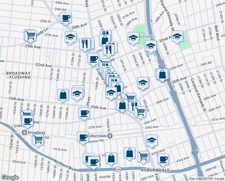 map of restaurants, bars, coffee shops, grocery stores, and more near 33-20 Jordan Street in Queens