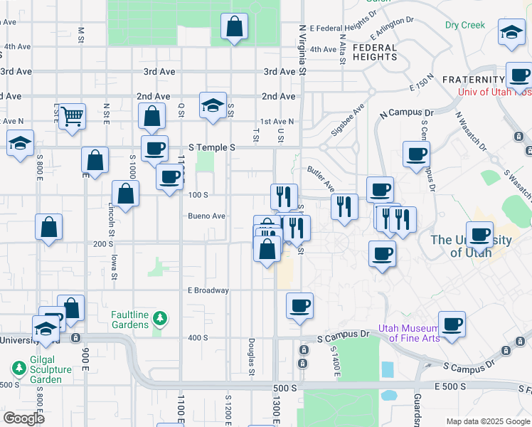 map of restaurants, bars, coffee shops, grocery stores, and more near 130 South 1300 East in Salt Lake City
