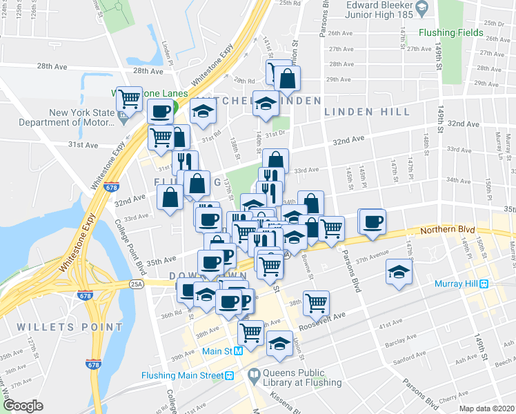 map of restaurants, bars, coffee shops, grocery stores, and more near 139-11 34th Road in Queens