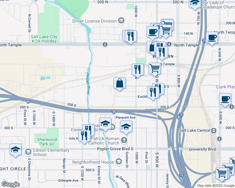 map of restaurants, bars, coffee shops, grocery stores, and more near 1080 Euclid Avenue in Salt Lake City