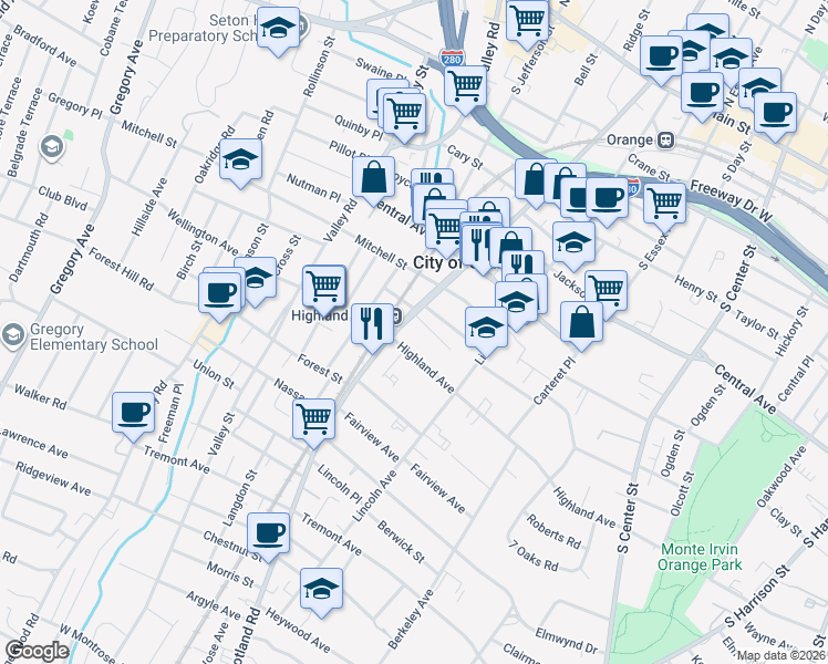 map of restaurants, bars, coffee shops, grocery stores, and more near 492 Conover Terrace in City of Orange