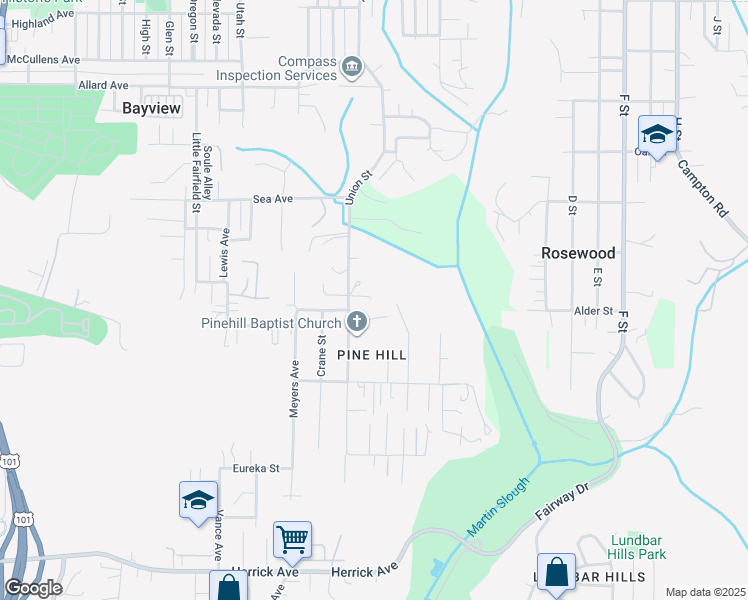 map of restaurants, bars, coffee shops, grocery stores, and more near 4562 Kincaid Court in Eureka