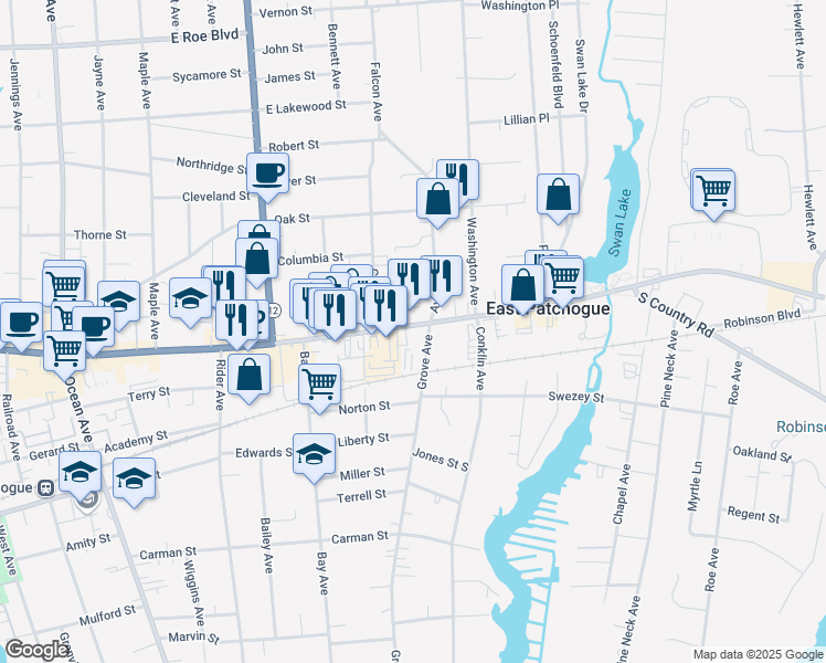 map of restaurants, bars, coffee shops, grocery stores, and more near 365 East Main Street in East Patchogue