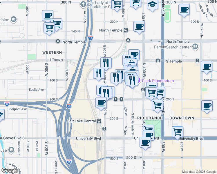 map of restaurants, bars, coffee shops, grocery stores, and more near 145 South 600 West in Salt Lake City