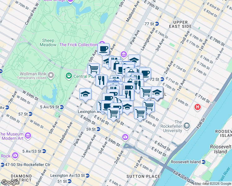 map of restaurants, bars, coffee shops, grocery stores, and more near 876 Lexington Avenue in New York
