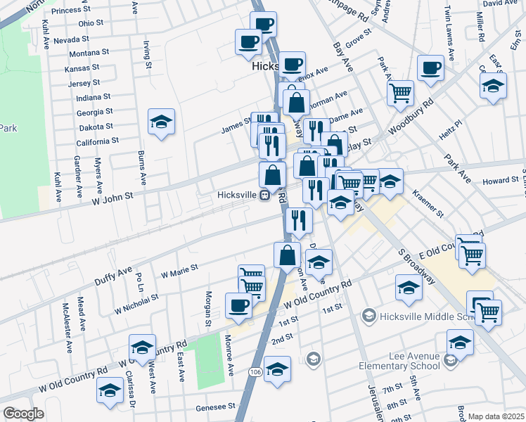 map of restaurants, bars, coffee shops, grocery stores, and more near in Hicksville